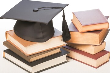 A black graduation cap atop a stack of colorful books, symbolizing education and academic achievement.