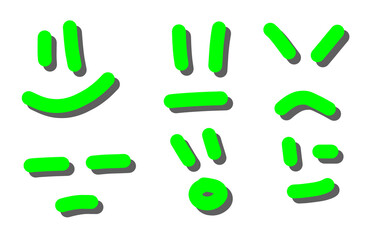 Set of simple green line art smiley faces and hand prints on a white background