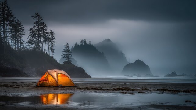 Orange Tent On Misty Pacific Coastline