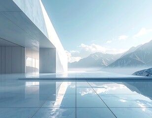 Modern white building exterior, reflecting pool, mountain view