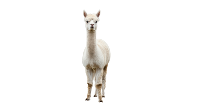 Isolated alpaca standing at attention, looking directly at camera on seamless backdrop