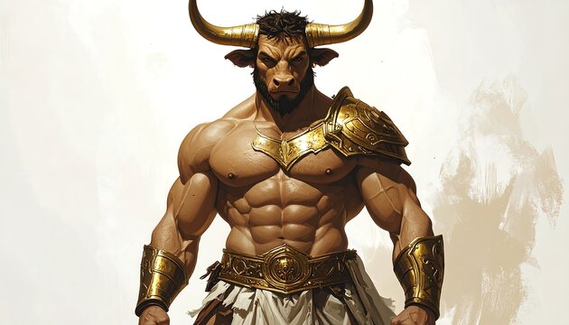 A powerful mythical creature, a bull-like figure, is depicted in detailed artwork with golden armor and a muscled physique.
