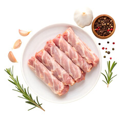 Fototapeta premium Raw Turkey Necks with Garlic, Peppercorns, and Rosemary on White Plate poultry meat