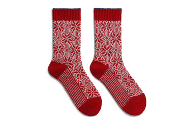 Red and White Snowflake Patterned Winter Socks Isolated on White Background
