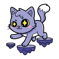 Cute Cat in Animated Style: A charming and adorable cat with expressive eyes joyfully leaps across floating platforms, a playful illustration that celebrates joy and imagination.