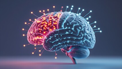 Futuristic Human Brain with Neon Blue and Red Neural Connections