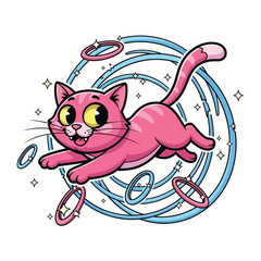 Whimsical Cat in Playful Flight: A vibrant cartoon cat playfully leaps through hoops, radiating energy and dynamism. 
