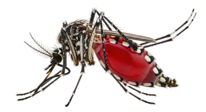 Isolated Aedes aegypti mosquito, full of blood after biting a host for disease transmission