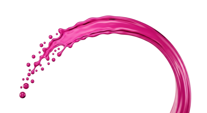 Isolated curved pink liquid splashing motion art, fluid curve flow, bright magenta glossy splash