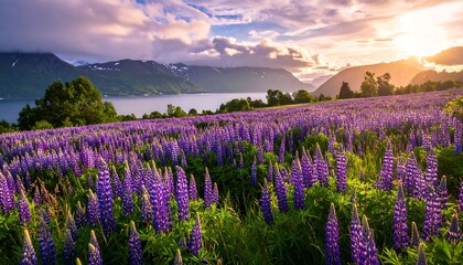 Obraz premium A vast field of vibrant purple lupines stretches towards a serene lake, framed by majestic mountains under a luminous sunrise.