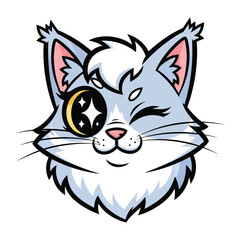Whimsical Stellar Kitty: A captivating cartoon illustration of a cat, adorned with a celestial design element, embodying charm and playful fantasy.