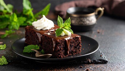 Chocolate brownies with whipped cream and mint