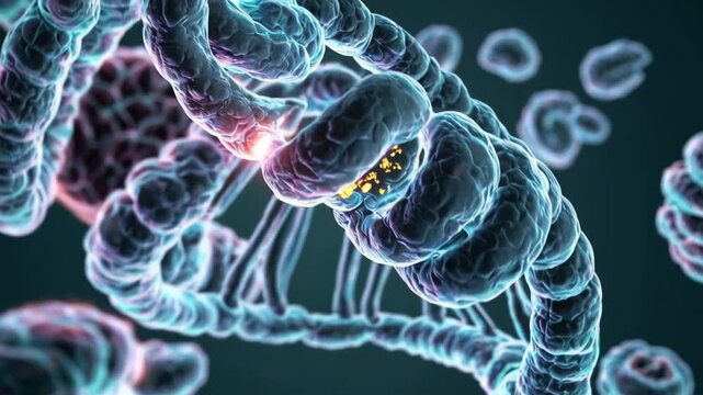 Dynamic visualization of twisting dna helix with glowing molecular interactions - Powered by Adobe