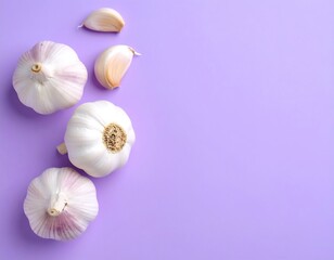 Three garlic bulbs arranged on a purple background