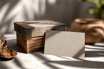 Wooden Box with Blank Business Card Mockup in Soft Light