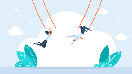 Partnership and support to success, collaborate or cooperate teamwork, risk taking, achieve target concept, businessman trapeze perform jumping and catch by partner. Man and woman. Vector illustration © Yurii