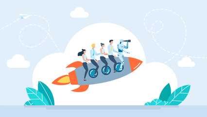 Business team riding a rocket and robot looking through binoculars. Collaboration of Human Resources with Artificial Intelligence, AI. Developing and Moving Forward for Success. Vector illustration