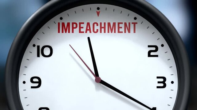 Impeachment that is going to happen soon. Incoming impeachment, approaching in the near future. Impeachment almost here, in a short time - a clock symbolizes a reminder that impeachment is near.