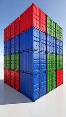 Fototapeta premium Stacked shipping containers in vibrant colors against a bright sky