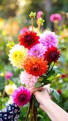 Colorful dahlia bouquet held in hands