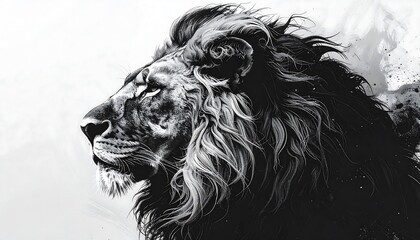 Obraz premium Majestic lion portrait in grayscale, showcasing powerful details and a sense of intensity.