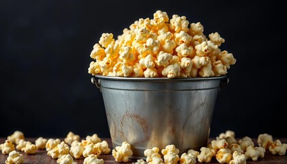 A rustic metal bucket overflowing with buttery popcorn against a dark backdrop,   home,   food photography