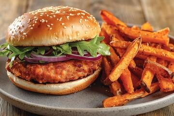 A juicy chicken burger served with crispy sweet potato fries, topped with fresh arugula and red onion rings on a rustic plate