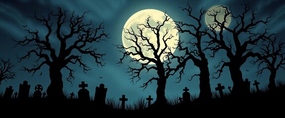 Abstract Halloween background featuring a dark silhouette of gnarled trees and tombstones against a moonlit sky,   graveyard background,  scary