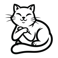 Happy Cat: A charming black-and-white illustration of a contented cat sitting, radiating calmness and ease, a purrfect embodiment of feline tranquility. 
