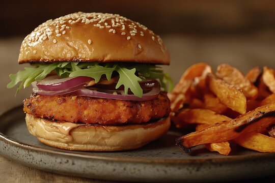 Delicious chicken burger with sweet potato fries on a rustic plate, topped with fresh arugula and red onion rings for a tasty meal - Powered by Adobe
