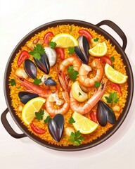 An appetizing seafood paella featuring shrimp, mussels, and fresh vegetables, garnished with lemon and herbs.