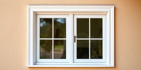Fototapeta premium Classic double-hung window framed in white against a textured beige wall, texture, property