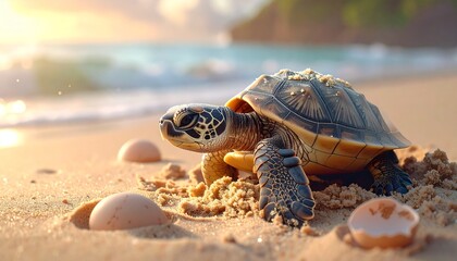Obraz premium A sea turtle emerging from its eggs on a sandy beach with the ocean waves in the background