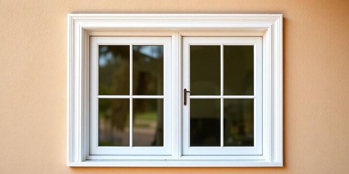 Classic double-hung window framed in white against a textured beige wall,  texture,  property