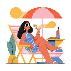 Woman enjoying summer vacation with cocktail under umbrella near pizza and bottle of wine relaxing in chair