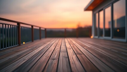 A serene wooden deck bathed in twilight glow, offering a peaceful and minimalist outdoor scene.
