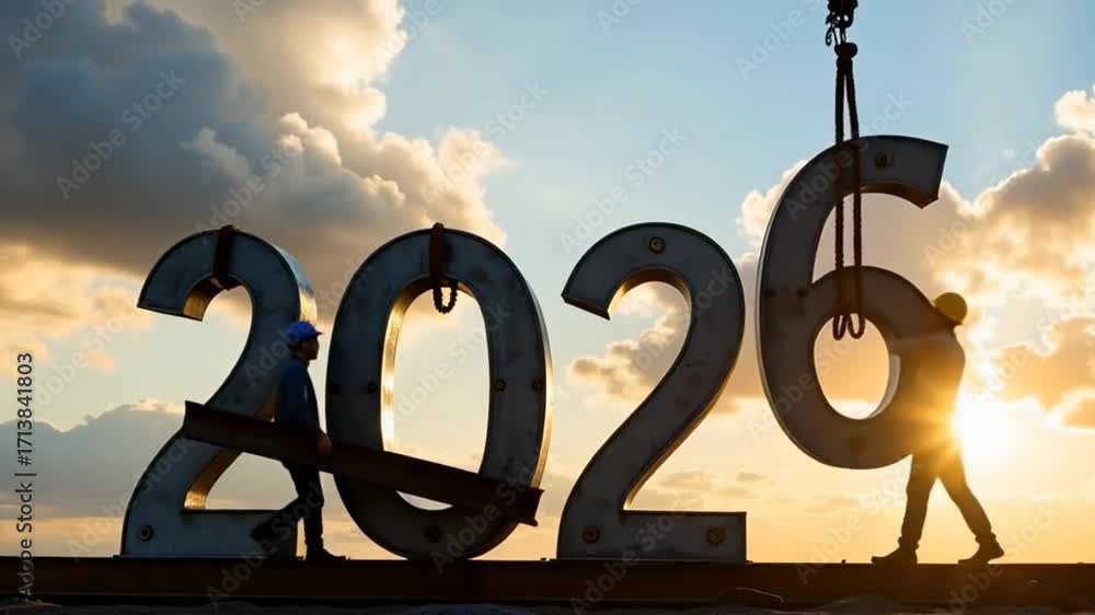 Poster in the video, two construction workers and large, metal numbers 