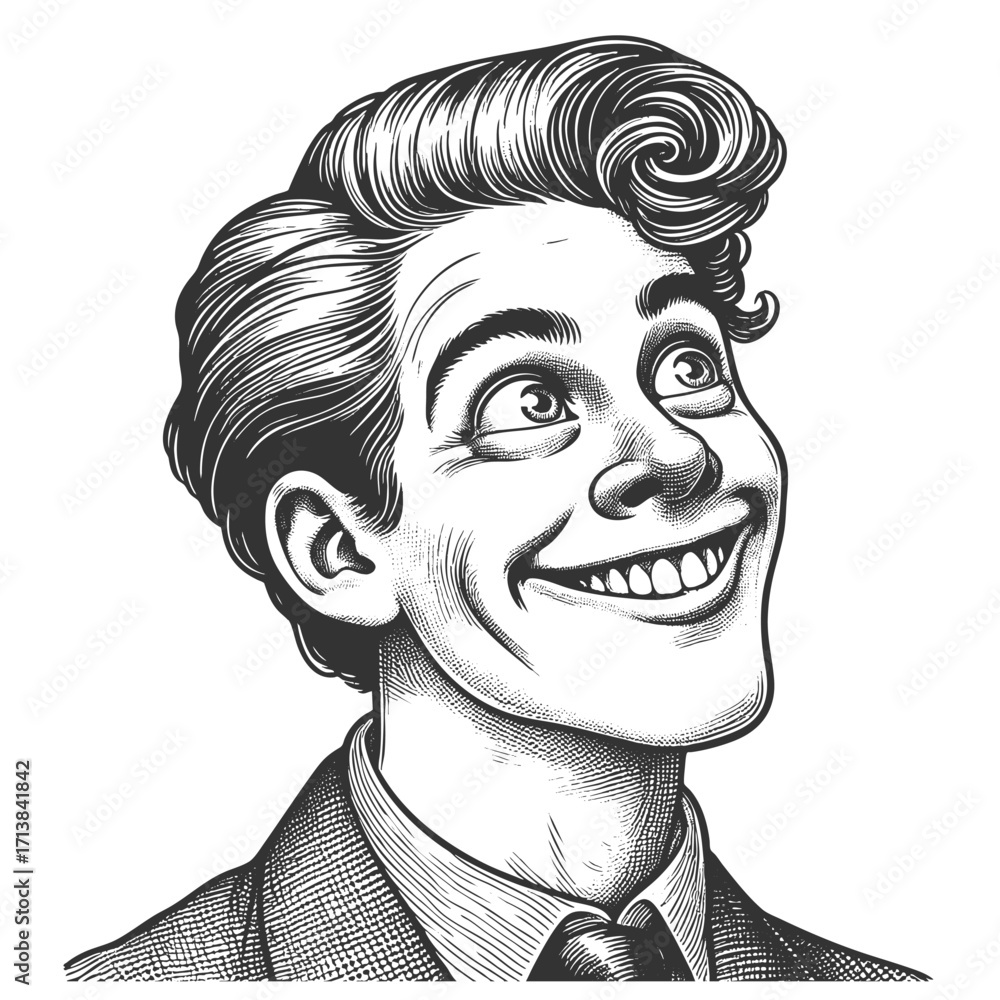 Poster cheerful man in a suit, smiling widely with expressive eyes and vintage charm sketch engraving gener