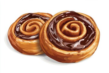 Fototapeta premium Two delicious cinnamon rolls topped with rich chocolate glaze on a white background.