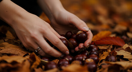 Close-up of hands collecting chestnuts from the ground covered with autumn leaves