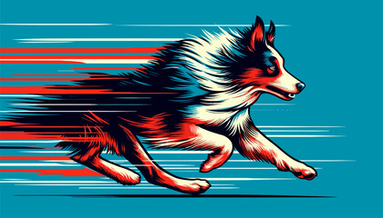 Border Collie sprinting fast, dynamic motion in retro pop art vector style