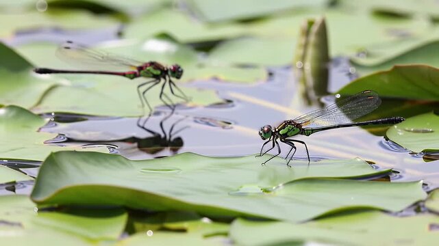 Two Dragonflies on Lily Pads