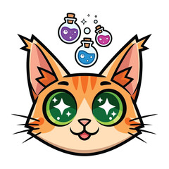 Mystical Cat: A cute cartoon cat with sparkling eyes and an assortment of vibrant potions hovering above, full of magic and wonder.