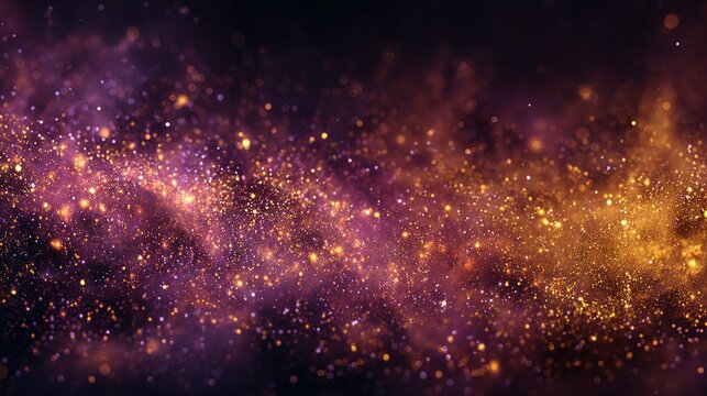 Swirling cosmic dust and glittering particles in purple and gold hues