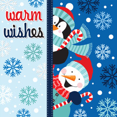 Christmas card with snowman, penguin and candy cane