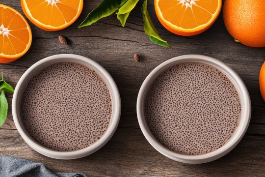Two bowls of chocolate chia pudding surrounded by fresh oranges and green leaves, showcasing a vibrant, healthy dessert.