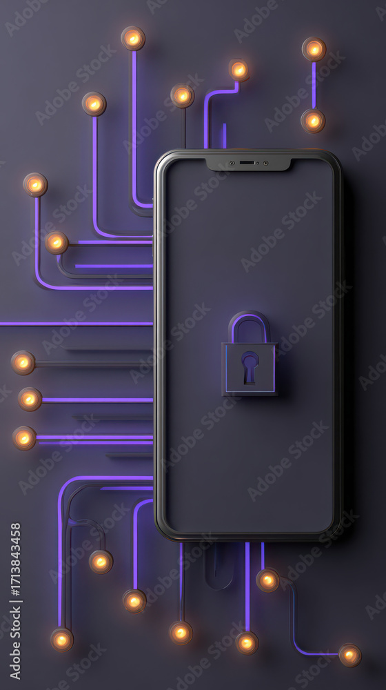 Poster digital fortress: a secure digital haven is presented with a sleek smartphone, embraced by a glowing