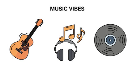 Music Vibes Acoustic Guitar, Headphones, Vinyl Record Icons
