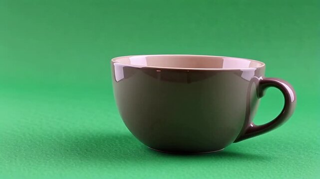 A simple, empty ceramic mug sits against a vibrant green background, ready for a morning beverage.