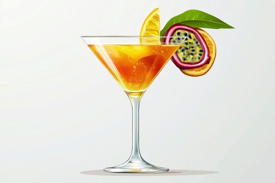 An elegant cocktail garnished with passion fruit and a slice of orange, served in a chic martini glass.
